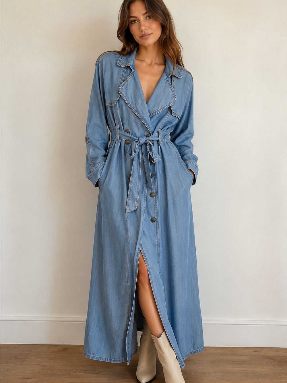Melrose with Love
Light Blue Denim Chambray Maxi Duster Dress with tie waist.